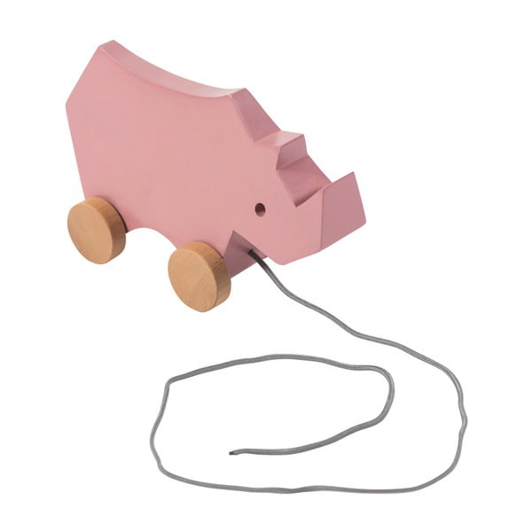 Dřevěná růžová dětská tahací hračka na kolečkách Sebra Rhino