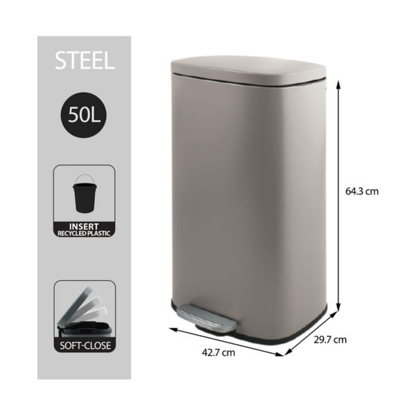 Taupe nášlapný ocelový odpadkový koš 50 l   Akira – Spirella-image-3