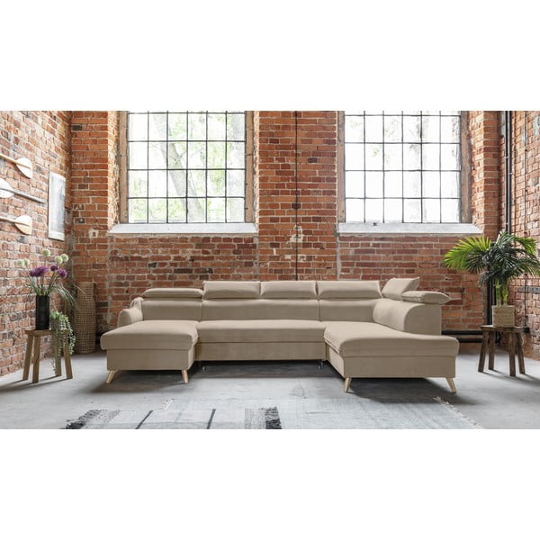 Béžová sametová rozkládací rohová pohovka do "U" (pravý roh) Sweet Harmony – Miuform-image-1