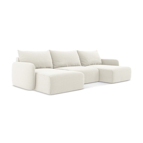 Krémová sametová rozkládací/s úložným prostorem rohová pohovka (do "U") Kalena – Makamii-image-2