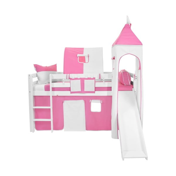 Dětská bílá patrová postel se skluzavkou a růžovo-bílým hradním bavlněným setem Mobi furniture Tom, 200 x 90 cm