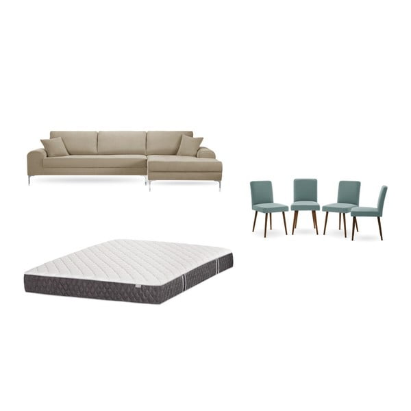 Set šedobéžové pohovky s lenoškou vpravo, 4 šedozelených židlí a matrace 160 x 200 cm Home Essentials