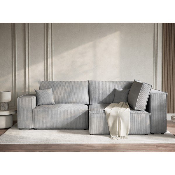 Šedá manšestrová rozkládací/s úložným prostorem rohová pohovka (pravý roh/do L) Tonga – Maison de Rêve-image-1