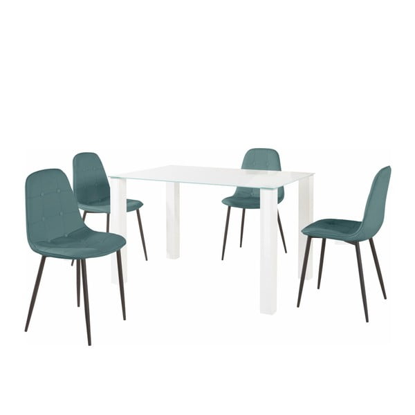 Sada jídelního stolu a 4 tyrkysových židlí Støraa Dante, délka stolu 120 cm