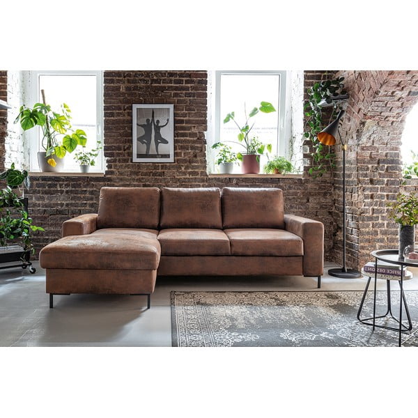 Hnědá rozkládací rohová pohovka z imitace kůže Miuform Lofty Lilly Vintage, levý roh-image-1