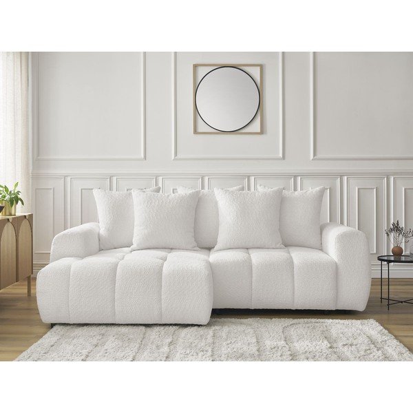 Bílá rozkládací/s úložným prostorem rohová pohovka z textilie bouclé (levý roh/s lenoškou) Roxelane – Bobochic Paris-image-1