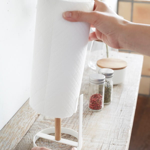 Bílý stojánek na roli papírových utěrek s detailem z bukového dřeva YAMAZAKI Tosca-image-2