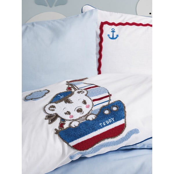 Bílé/modré bavlněné dětské povlečení do postýlky s prostěradlem/4dílné 100x150 cm Miniyo – Mijolnir-image-2