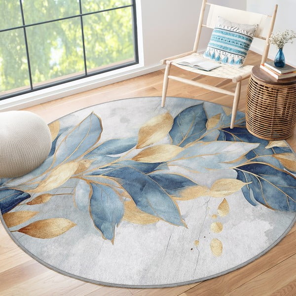 Pratelný kulatý koberec v modré a zlaté barvě ø 120 cm Golden Leaves – Mila Home-image-4
