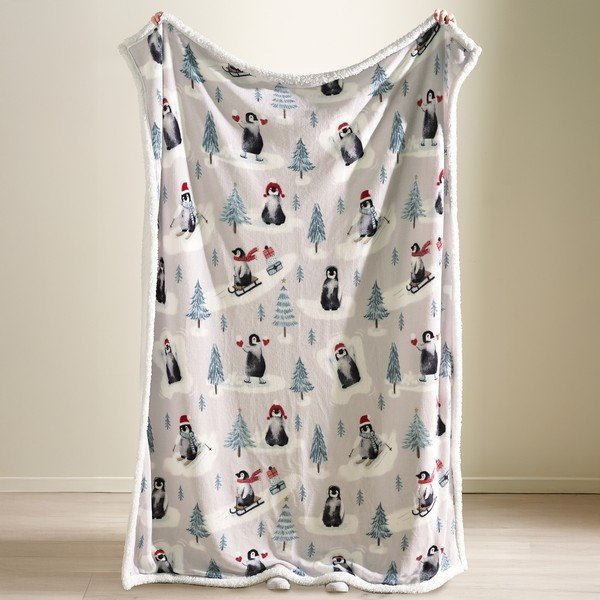 Bílá deka s vánočním motivem 170x130 cm Christmas Sherpa Penguins – Catherine Lansfield-image-1