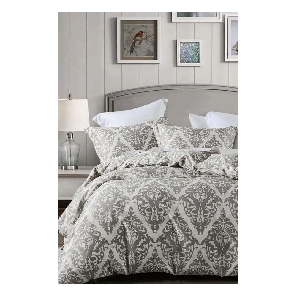 Šedo-béžové 4dílné prodloužené povlečení na dvoulůžko s prostěradlem z bavlny Renforcé 200x220 cm Damask – Mila Home