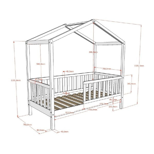 Antracitová domečková dětská postel z borovicového dřeva s roštem 70x140 cm DALLAS – Vipack-image-4