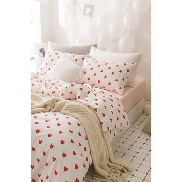 Krémové 4dílné prodloužené povlečení na dvoulůžko z bavlny Renforcé s prostěradlem 200x220 cm Mini Hearts – Mila Home-image-2