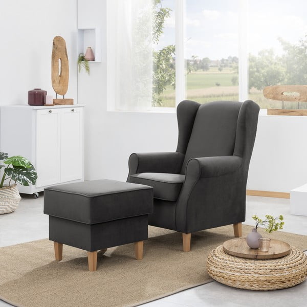 Antracitové sametové křeslo ušák s podnožkou Max Winzer Lorris-image-1