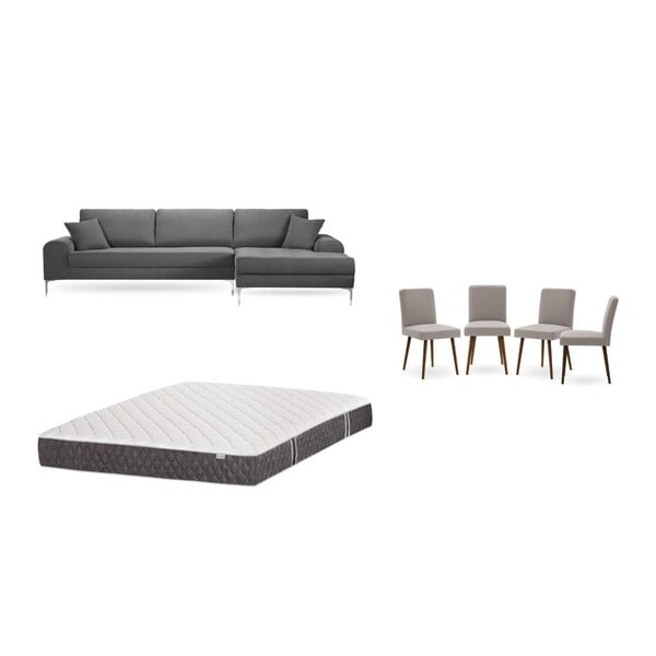 Set šedé pohovky s lenoškou vpravo, 4 šedobéžových židlí a matrace 160 x 200 cm Home Essentials