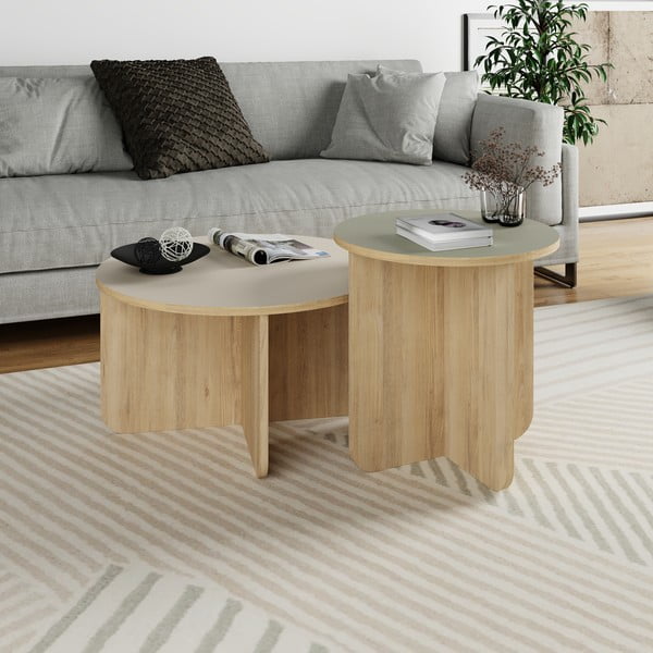Kulaté konferenční stolky v dekoru dubu v krémovo-přírodní barvě v sadě 2 ks ø 70 cm Hillary – Marckeric-image-2