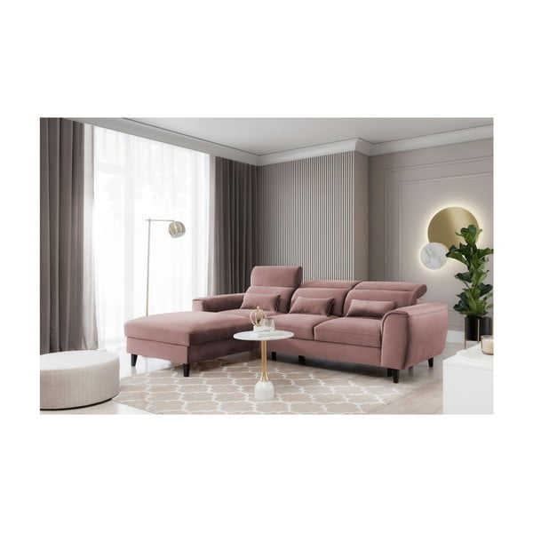 Růžová sametová rozkládací/s úložným prostorem rohová pohovka (levý roh/s lenoškou) Foble – ELTAP-image-3