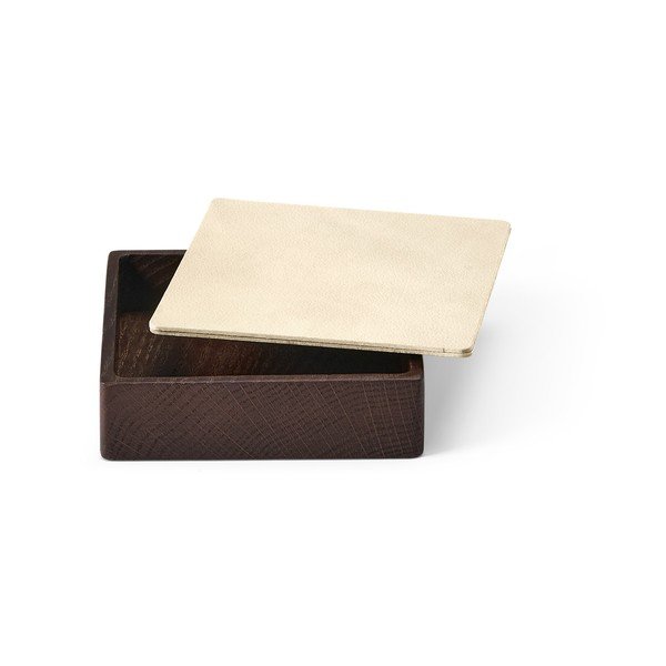 Hnědý/krémový dřevěný/z eko kůže úložný box s víkem/dekorativní 11x11x3,5 cm Square Nupo – LIND DNA-image-1