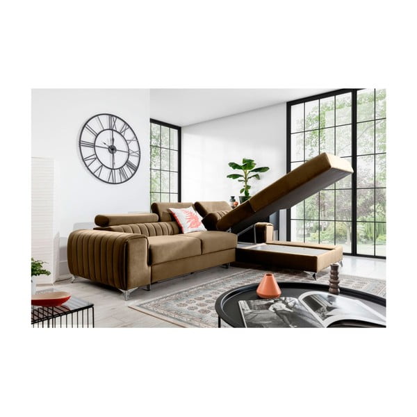 Světle hnědá sametová rozkládací/s úložným prostorem rohová pohovka (pravý roh/s lenoškou) Grayson – ELTAP-image-3