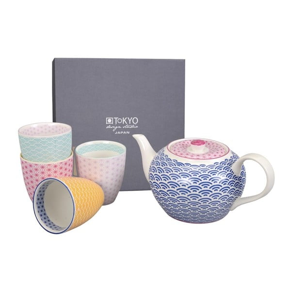 Čajový porcelánový set modré konvice a 4 hrnků Tokyo Design Studio Star/Wave