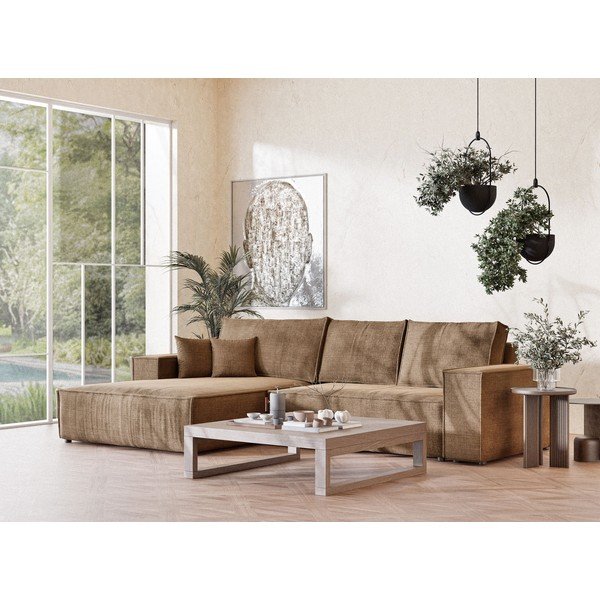 Světle hnědá žinylková rozkládací/s úložným prostorem rohová pohovka (levý roh/s lenoškou) Maze – Maison de Rêve-image-1