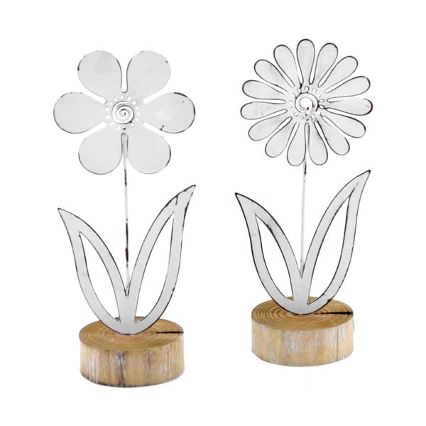 Sada 2 malých kovových dekorací na dřevěném podstavci s motivem květiny Ego Dekor, 9 x 21,5 cm