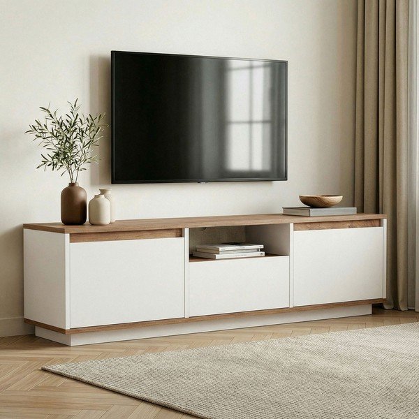 Bílý/v přírodní barvě TV stolek v dekoru borovice 160x42x30 cm Sentinel – Kalune Design-image-1