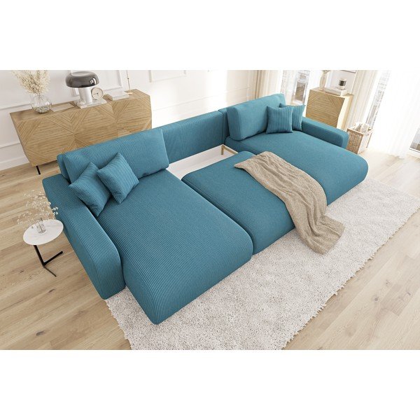 Tyrkysová manšestrová rozkládací/s úložným prostorem rohová pohovka Sara – Ropez-image-4