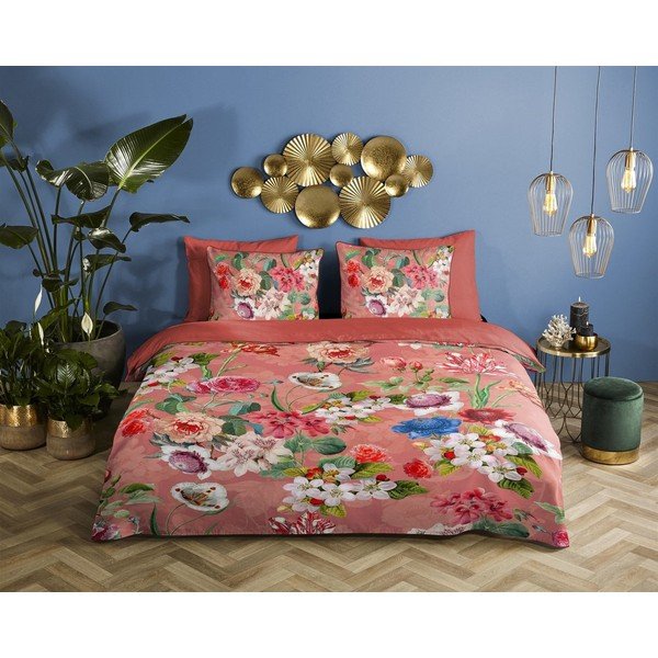 Oranžové povlečení na jednolůžko z organické bavlny Descanso Flowery, 140 x 220 cm-image-1