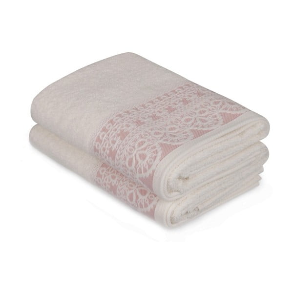 Sada dvou bílých ručníků s růžovým detailem Romantica, 90 x 50 cm