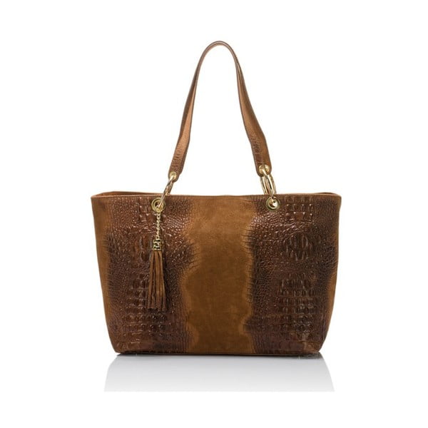 Hnědá kožená kabelka s třásní Massimo Castelli Crocco Suede