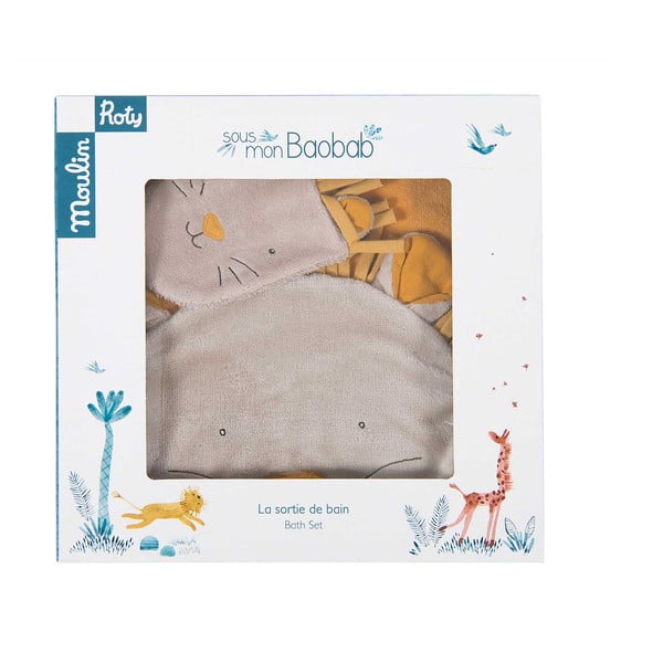 Set žluté bavlněné dětské osušky s kapucí a žínky 80x114 cm Sous mon Baobab – Moulin Roty-image-3