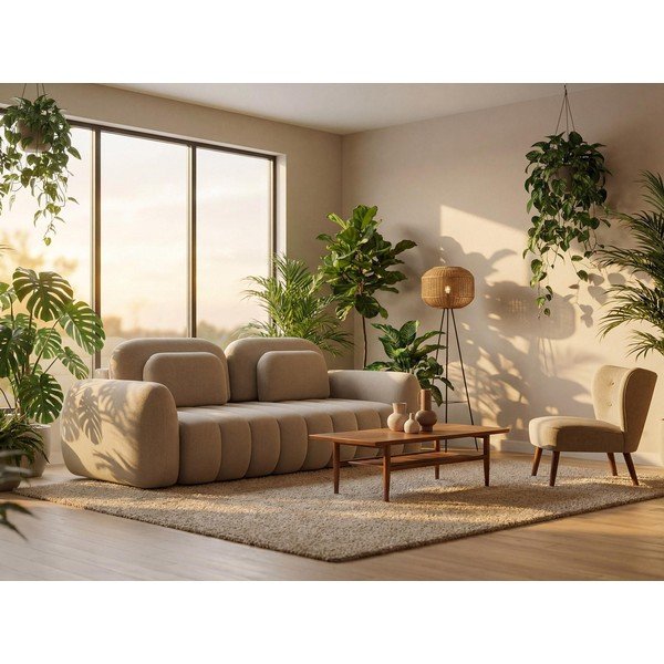 Rozkládací/s úložným prostorem pohovka z textilie bouclé v terakotové barvě 266 cm Pele – Makamii-image-1