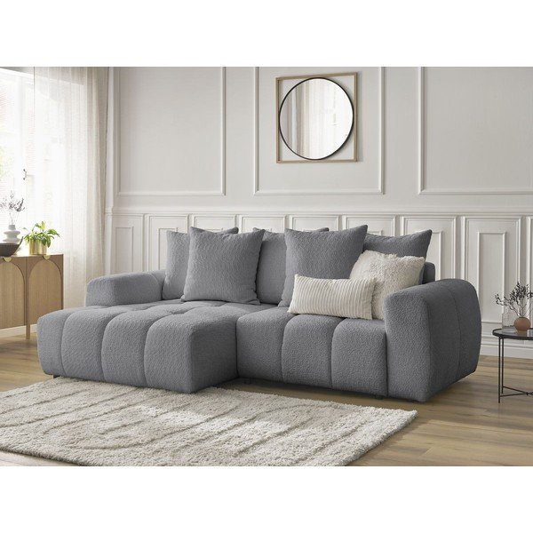 Šedá rozkládací/s úložným prostorem rohová pohovka z textilie bouclé (levý roh/s lenoškou) Roxelane – Bobochic Paris-image-4