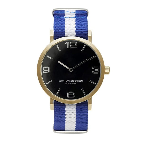 Unisex hodinky s modrobílým řemínkem South Lane Stockholm Signature Black Gold Stripes 