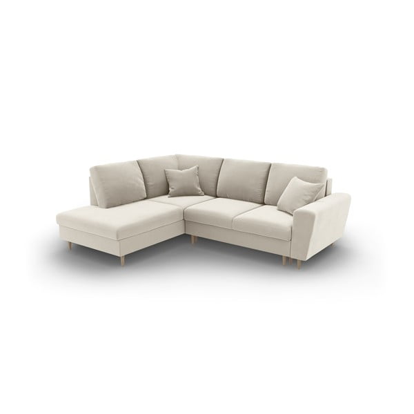 Béžová sametová rozkládací/s úložným prostorem rohová pohovka (levý roh/do L) Kyoto – Cosmopolitan Design-image-1