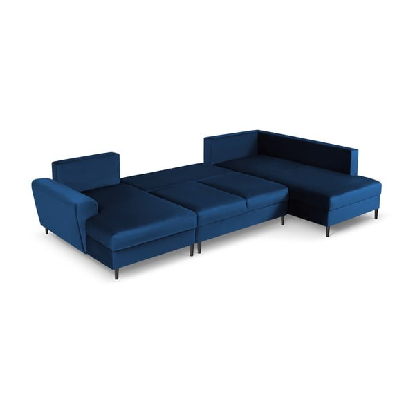 Modrá sametová rozkládací/s úložným prostorem rohová pohovka (pravý roh/do "U") Kyoto – Cosmopolitan Design-image-2