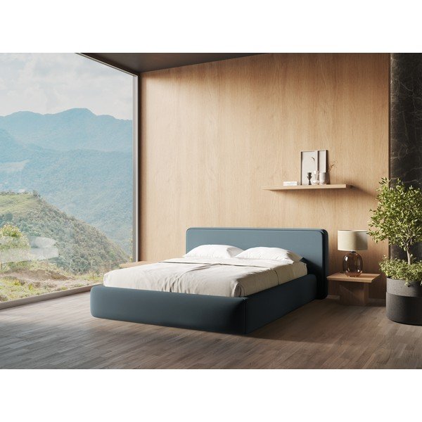 Modrá čalouněná dvoulůžková postel s úložným prostorem s roštem 160x200 cm Kiana – Makamii-image-1