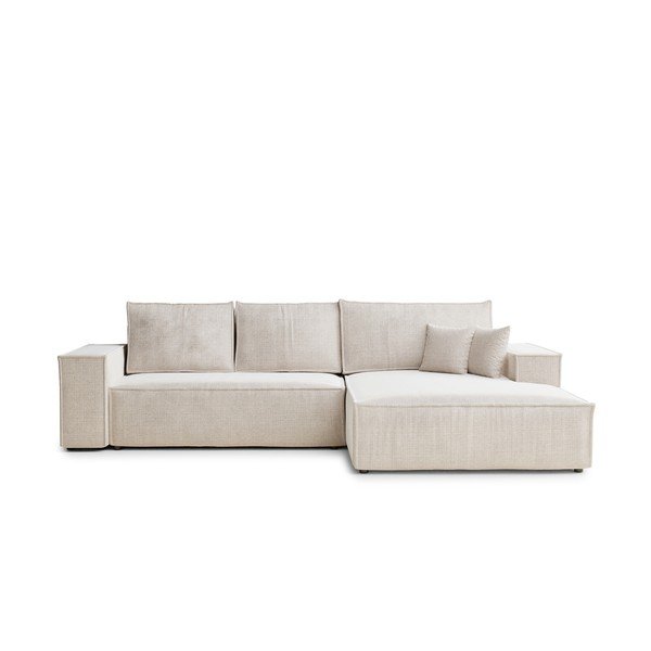 Krémová žinylková rozkládací/s úložným prostorem rohová pohovka (pravý roh/s lenoškou) Maze – Maison de Rêve