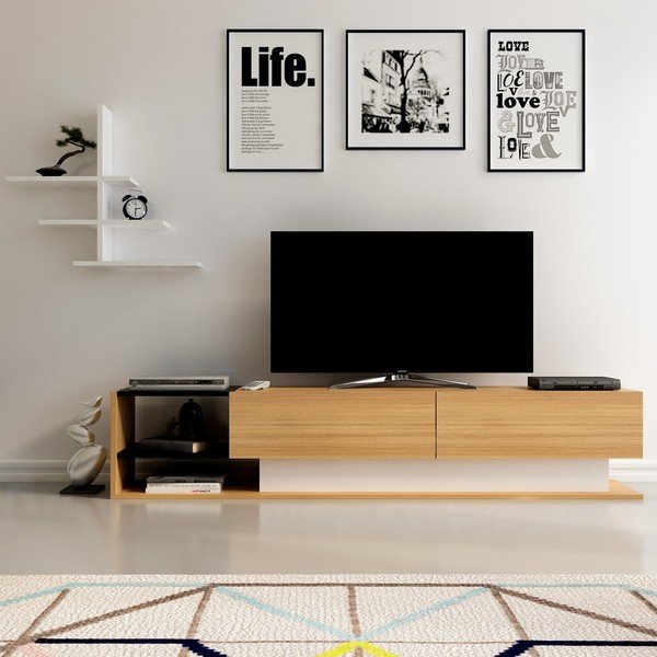 Bílá/přírodní TV souprava v dekoru exotického dřeva 180x40 cm Liza – Kalune Design-image-3