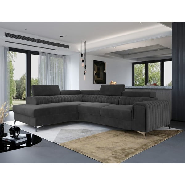 Tmavě šedá sametová rozkládací/s úložným prostorem rohová pohovka (levý roh/do L) Laurence – ELTAP-image-1