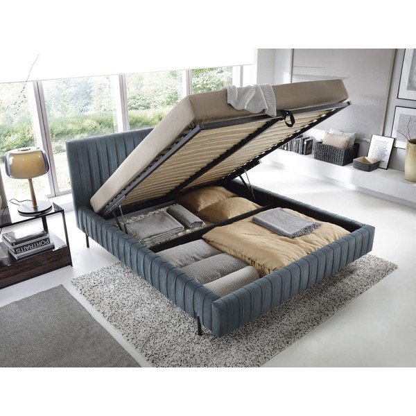 Modrá čalouněná dvoulůžková postel s úložným prostorem s roštem 140x200 cm Plissa – ELTAP-image-2