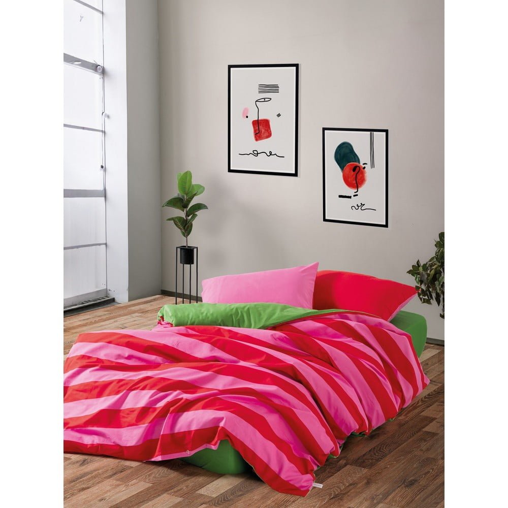Zelené/růžové povlečení na dvoulůžko/prodloužené z bavlny Renforcé s prostěradlem/4dílné 200x220 cm Cherie – Mijolnir