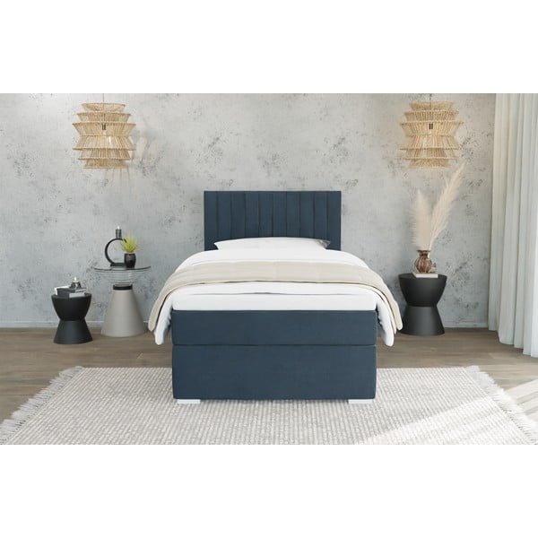 Tmavě modrá čalouněná jednolůžková postel s úložným prostorem s roštem 90x200 cm Bunny – Ropez-image-2