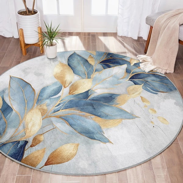 Pratelný kulatý koberec v modré a zlaté barvě ø 120 cm Golden Leaves – Mila Home-image-1