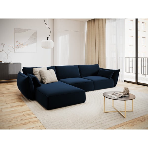 Tmavě modrá sametová rohová pohovka (levý roh/s lenoškou) Vanda – Mazzini Sofas-image-1