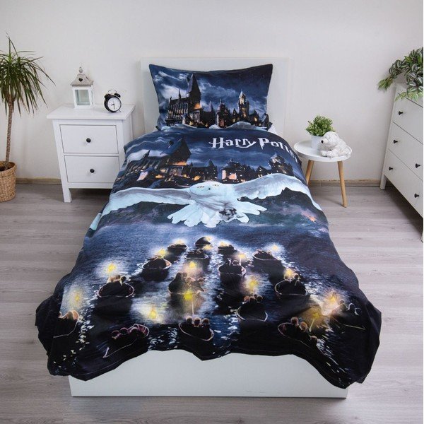 Tmavě modré/šedé dětské povlečení na jednolůžko z mikrovlákna 140x200 cm Harry Potter "Hogwarts Night" – Jerry Fabrics-image-1