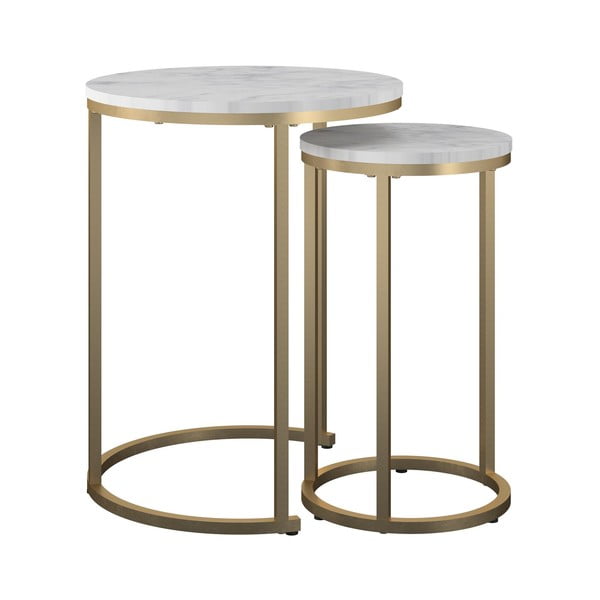 Bílé/ve zlaté barvě kulaté konferenční stolky v sadě 2 ks s deskou v dekoru mramoru ø 45 cm Amelia – CosmoLiving by Cosmopolitan