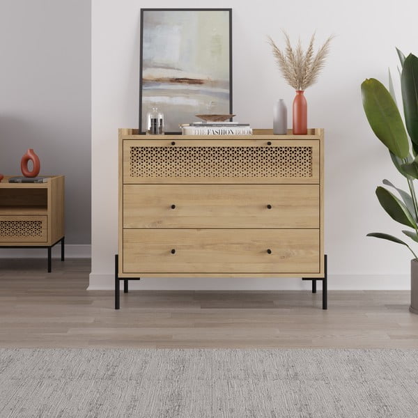 Nízká komoda v dekoru dubu v přírodní barvě 90x80 cm Mayra – Marckeric-image-1