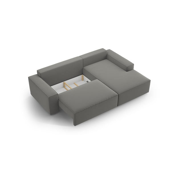 Světle šedá sametová rozkládací rohová pohovka s úložným prostorem (pravý roh/s lenoškou) Jodie – Micadoni -image-4